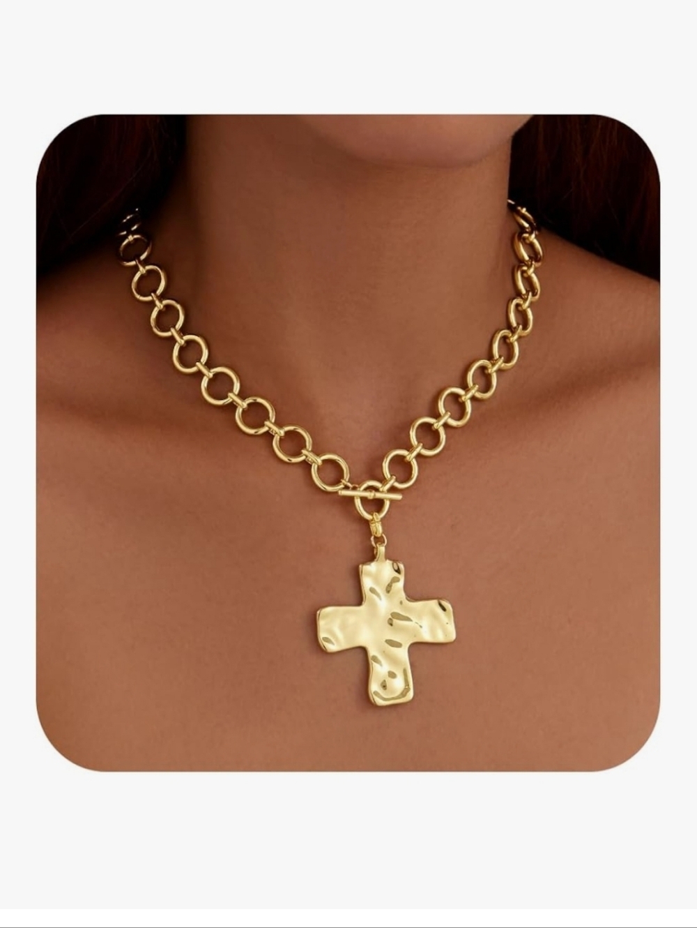 Gold Hammered Cross Pendant Chain Necklace - Women Jewelry
